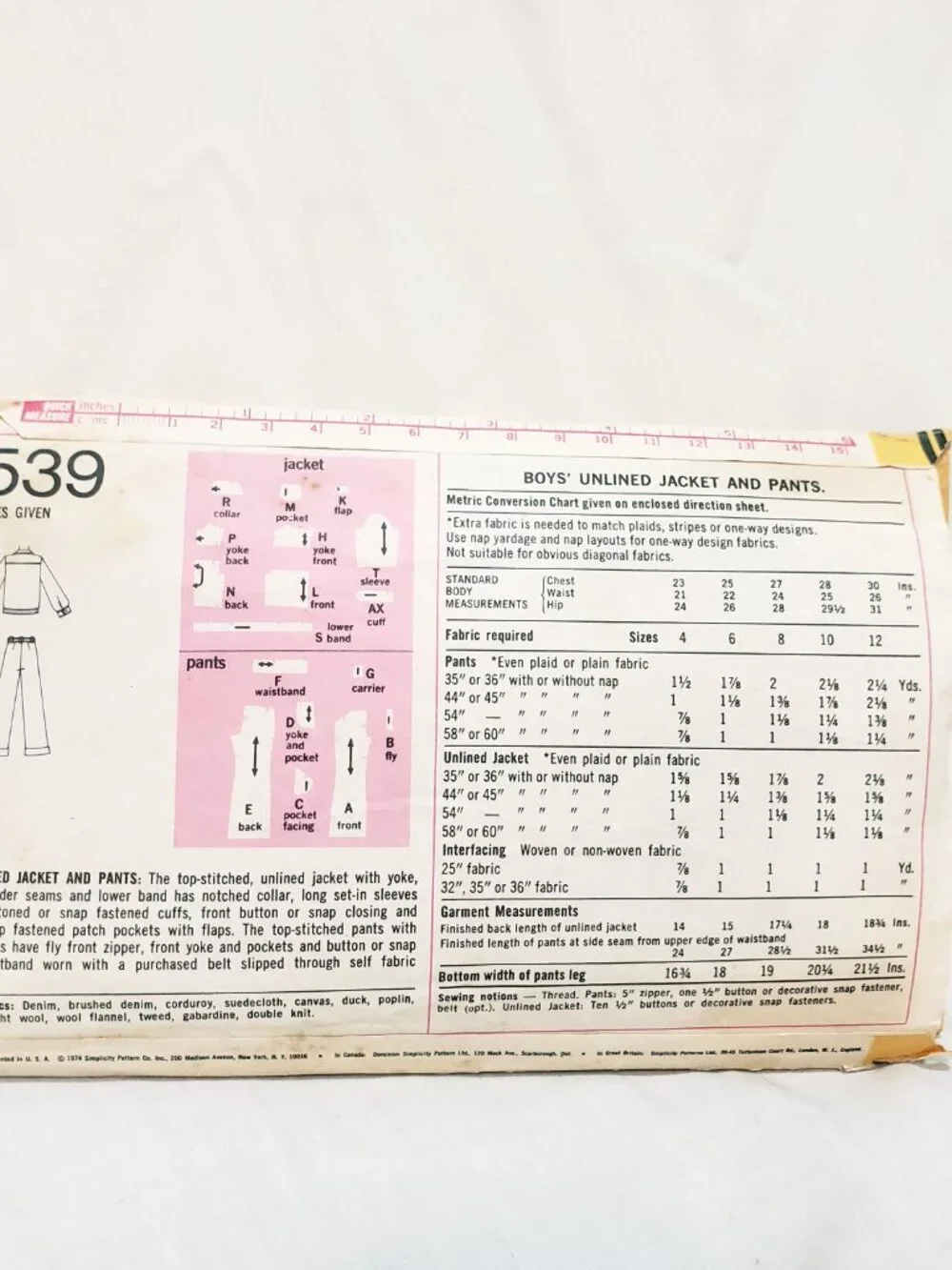 Boys Unlined Jacket Pants Pattern 6539 Simplicity 1974 Size 10 Precut Complete
